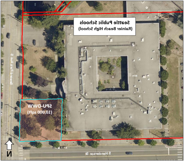 航拍图显示了一个带有中央庭院的大型方形建筑，该建筑被标记为正规的棋牌平台排行榜雷尼尔海滩高中. 一条红线标出了这块地. 红色轮廓区域的两侧是S. 亨德森圣. 在底部，苏厄德公园大道5号在右侧. 右下角有一个蓝色框，标记为SPU-DWW(10,000平方英尺). 一个蓝色箭头指向这个盒子. 向上的箭头表示北方. 